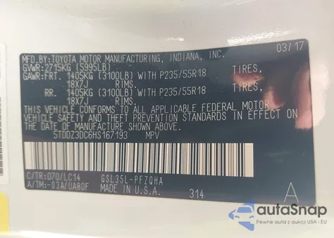 2017 Toyota Sienna Xle/Limited z USA, uszkodzony, nr VIN 5TDDZ3DC6HS167193